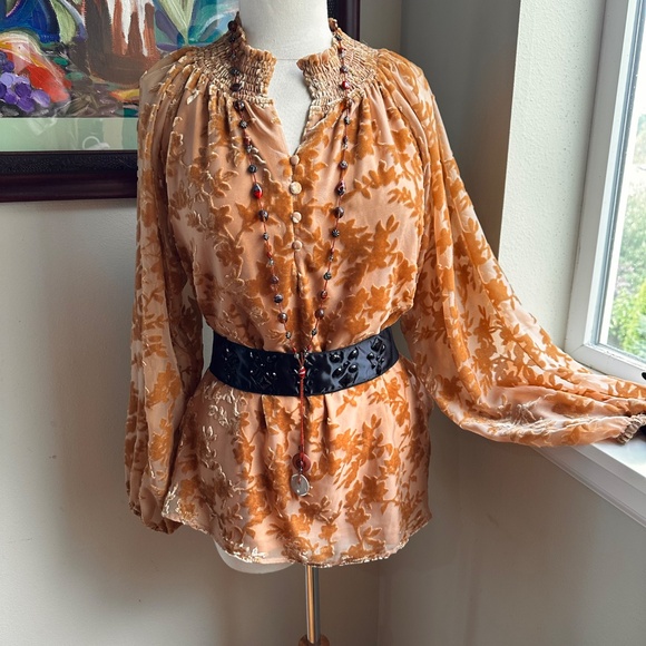 Cut Velvet Amber Colored Peasant Style Smock Top Blouse - S - Picture 4 of 10